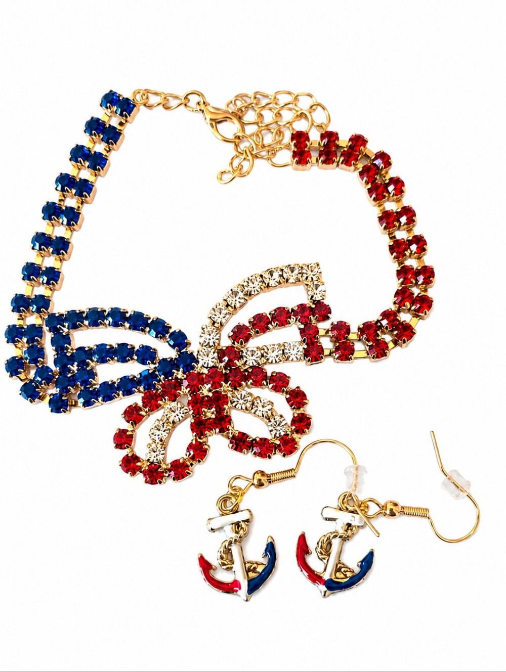 Patriotic Rhinestone Bracelet & Handmade Anchor Earrings Set Red White Blue USA